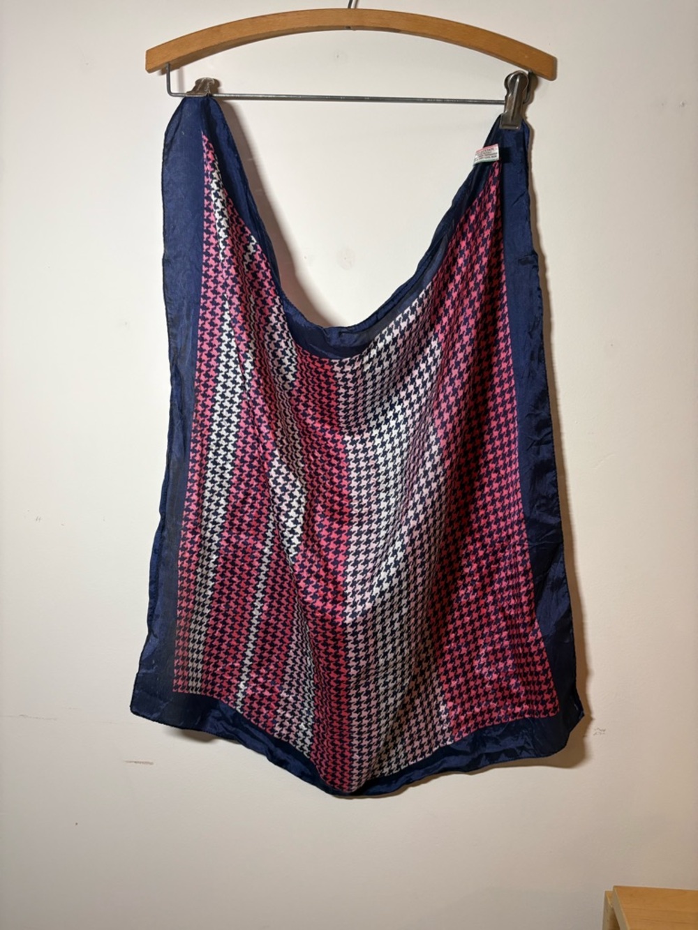 Vintage Navy, Pink & White Houndstooth Silk Scarf